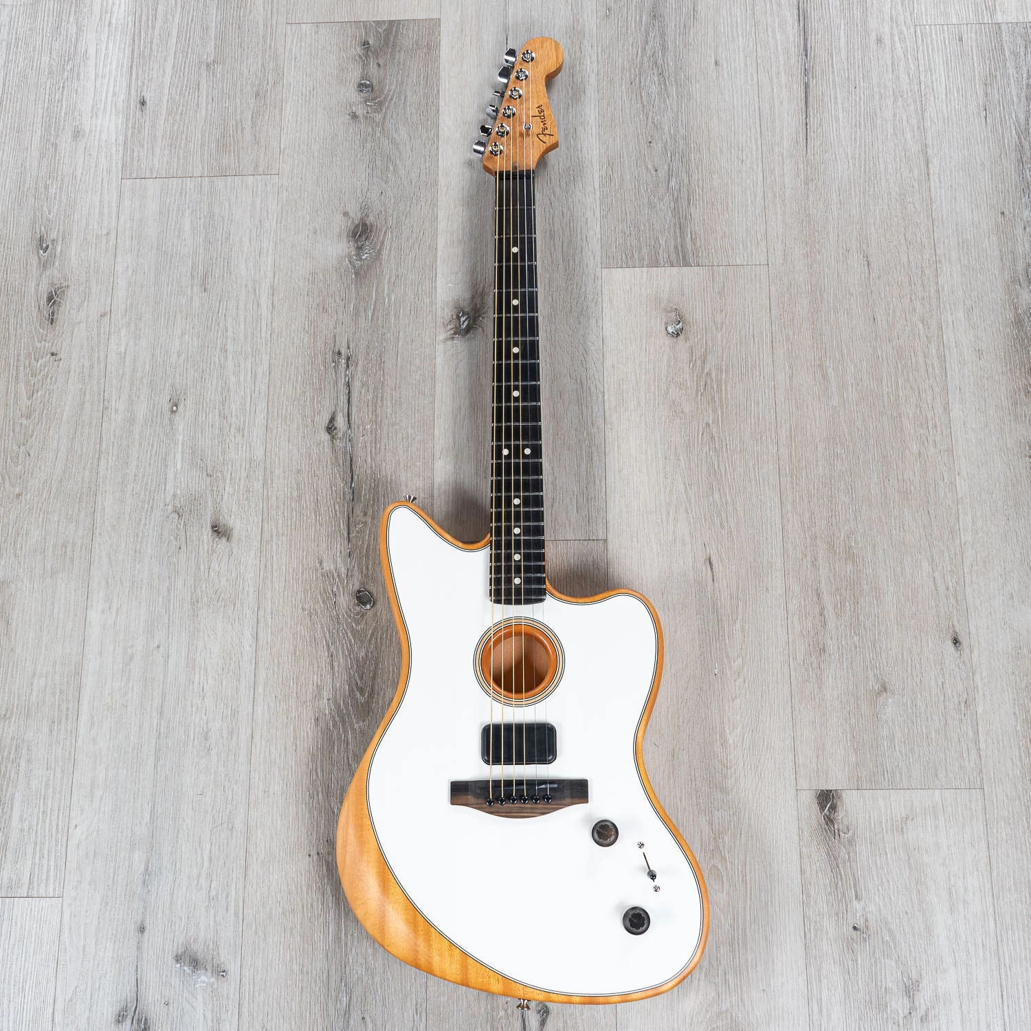 Fender American Acoustasonic Jazzmaster Guitar, Arctic White, Ebony Fretboard 5 Fender American Acoustasonic Jazzmaster Guitar, Arctic White, Ebony Fretboard - Image 3