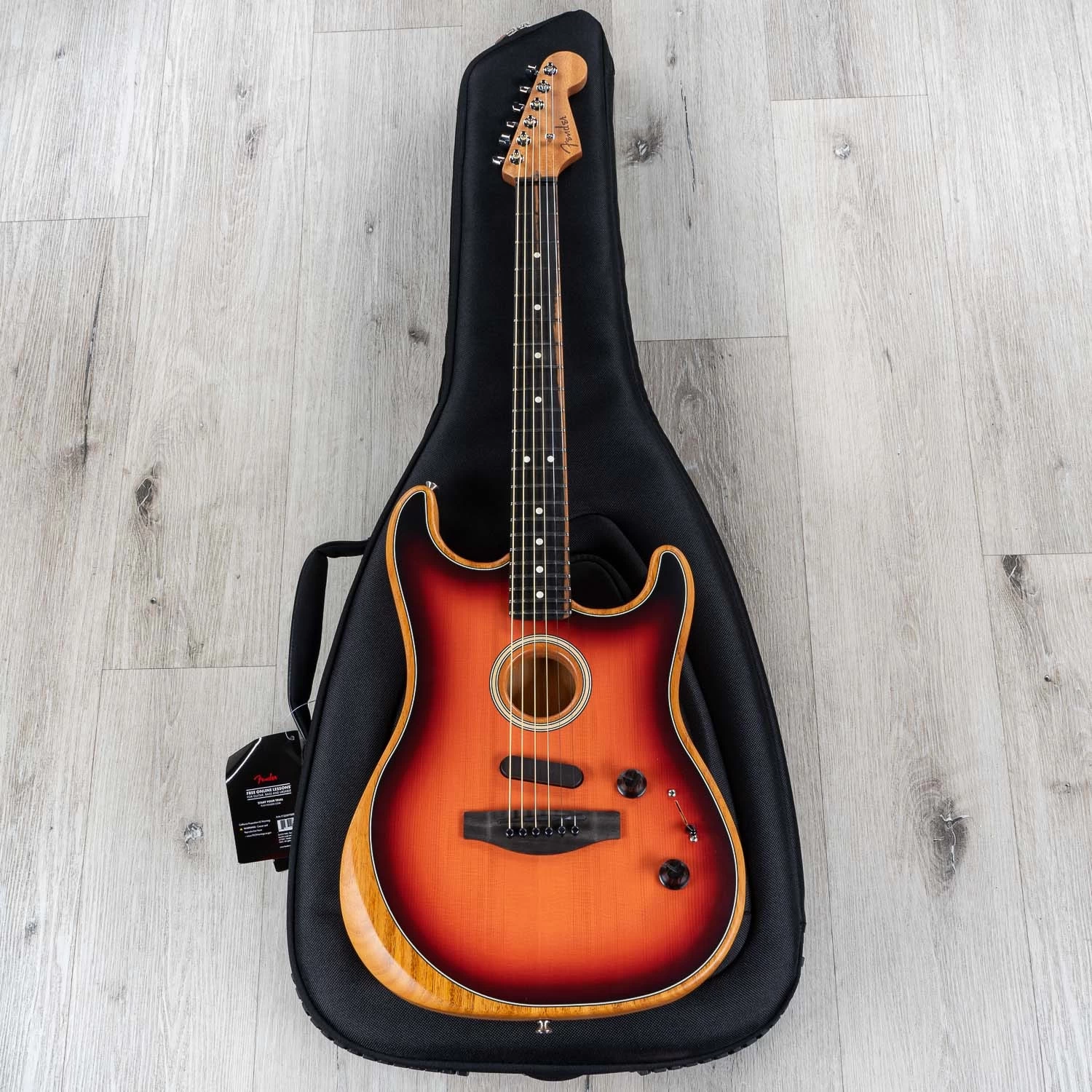 Fender American Acoustasonic Stratocaster Guitar, Ebony Fretboard, 3 Color Sunburst 12 Fender American Acoustasonic Stratocaster Guitar, Ebony Fretboard, 3 Color Sunburst - Image 10