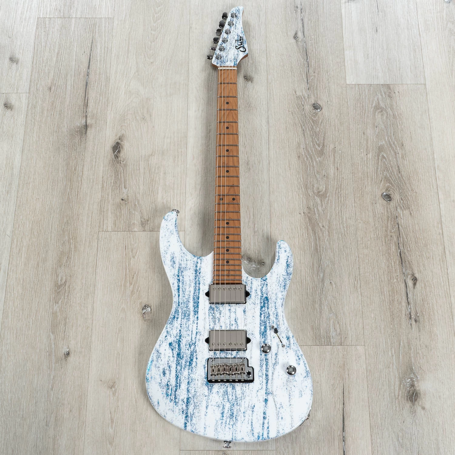 Suhr Custom Modern HH Guitar, Roasted Maple Fretboard, Silver / Blue Sparkle Drip 5 Suhr Custom Modern HH Guitar, Roasted Maple Fretboard, Silver / Blue Sparkle Drip - Image 3