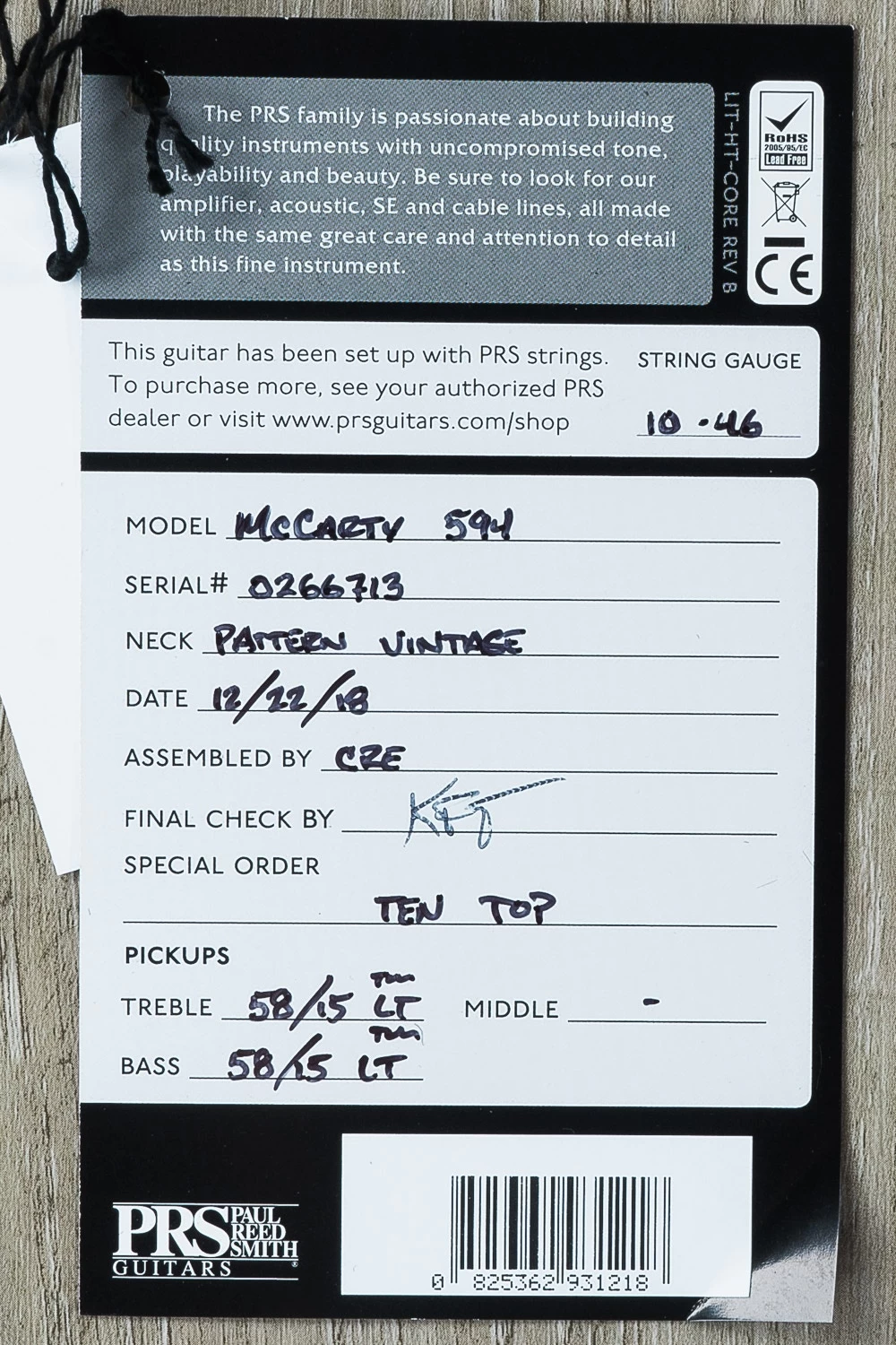 2018 PRS Paul Reed Smith McCarty 594 10-Top Guitar, Fire Red Burst 13 2018 PRS Paul Reed Smith McCarty 594 10-Top Guitar, Fire Red Burst - Image 11