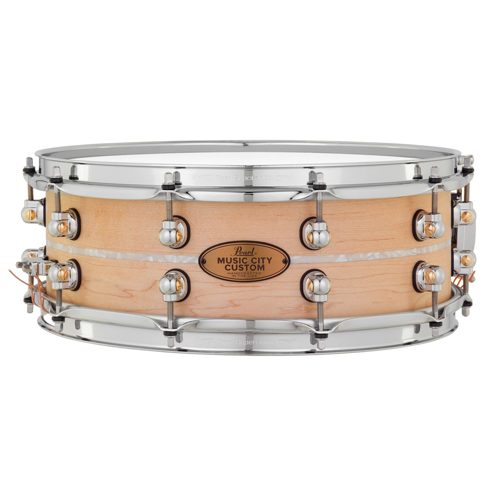 Pearl MCCM1450S/C1005 Music City Custom Solid Shell Maple 14"x5" Snare Drum W/ Nicotine Marine Pearl Inlay 3 Pearl MCCM1450S/C1005 Music City Custom Solid Shell Maple 14"x5" Snare Drum W/ Nicotine Marine Pearl Inlay